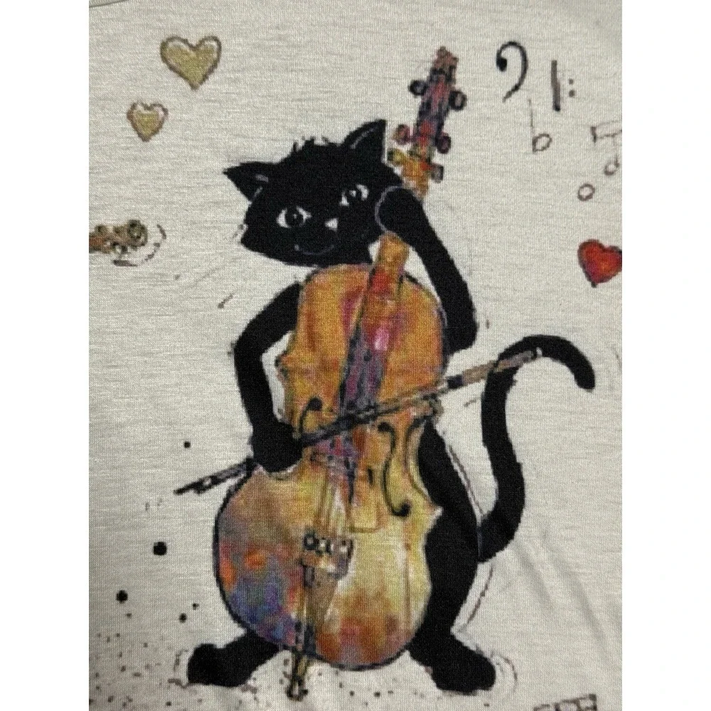 Unbranded Whimsical Cats Music Graphic Tee Women's V-Neck Dolman Art Print L/XL